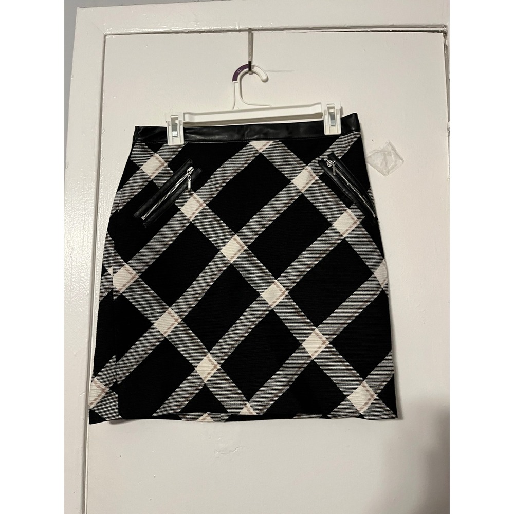 White House Black Market Plaid Wool Blend Mini Skirt Faux Leather Trim Size 6